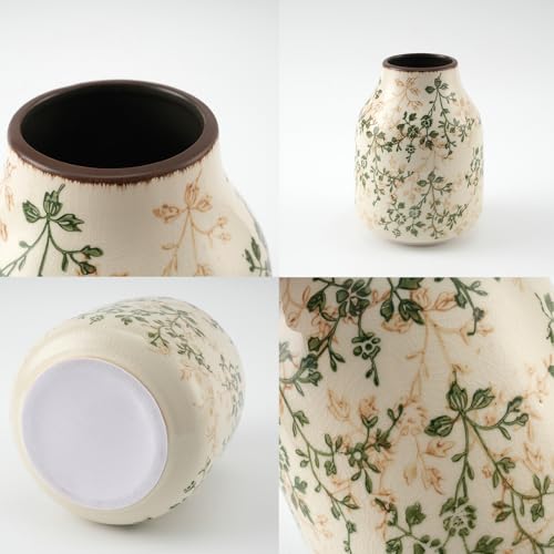 7.8Inch Green and Beige Vintage Vase, Chinoiserie Floral Vase, Rustic Ceramic Large Vases for Home Decors, Living Room, Bookshelf, Office, Grand Millennial Decor, Chinoiserie Decors, Tuscan Decor - color: D13