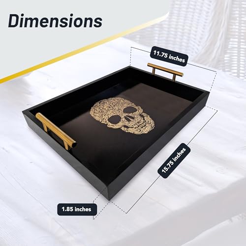 Gothic Skull Serving Tray with Gold Handles – Black Gloss Wooden Ottoman Tray for Coffee Table, Bar, or Kitchen – Elegant Gothic Decor & Unique Gift for Halloween, Horror & Alternative Style Lovers - style: SKULL