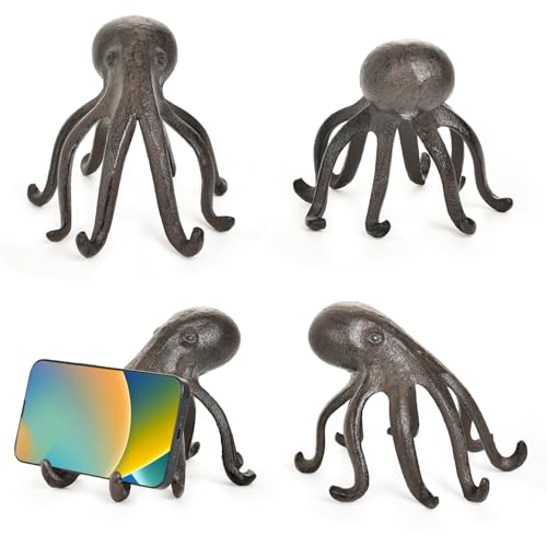 Sungmor Cast Iron Octopus Statue, Decorative Bookend, Cute Sculpture on Bookshelf or Desk, Creative Cell Phone Holder, Octopus Stand for Tablet, Black Brown - color: Octopus