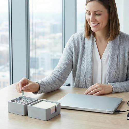 Concrete Desk Organizer Set of 2 - Minimalist Sticky Note Holder & Paper Clip Dispenser - Heavy Duty Office Desk Accessories with Non-Slip Base for Home Workspace Organizer & Desk Decor, Gray - color: Gray