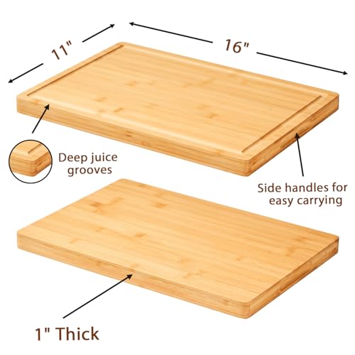Allsum Bamboo Wood Cutting Boards for Kitchen, 1" Extra Thick Butcher Block with Juice Grooves & Handles Resisting to Warping and Cracking, Fancy Charcuterie Boards, 16"L x 11"W - size: 16"L x 11"W