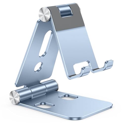 OMOTON Foldable Cell Phone Stand, C4 Portable Aluminum Phone Holder, Adjustable Phone Dock Cradle Compatible with iPhone 17/16/15 Pro Max Air, Samsung Galaxy, Small Tablets, Smart Phones, Light Blue - color: Light Blue
