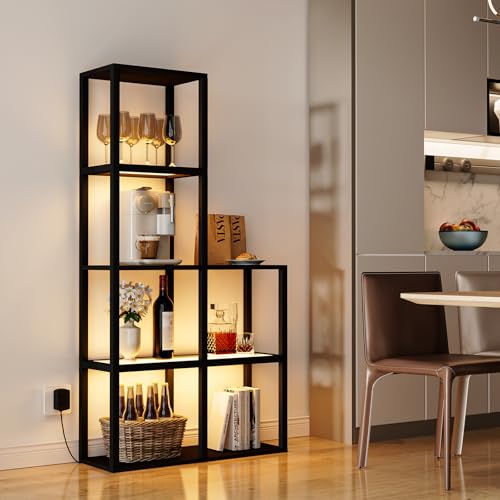 VILICK Display Shelf with LED Light Standing Floor Lamp with Glass Storage Shelves for Collectibles, 5 Tier Tall Corner Shelf Open Curio Cabinet for Living Room, Bedroom, Office, Home Decor
