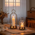 Brass Glass Candle Holders Set of 2 (5"x11" & 4.5"x7.6"), Metal Candle Holder with Glass Dome, Hanging or Tabletop Lantern Decor for Home, Centerpiece