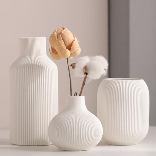 Ceramic Vase Set of 3, Decorative Vases Home Decor Modern Minimalist Pottery Vases for Bouquet Pampas Grass Dried Fresh Flowers, Bookshelf, Living Room, Shelf, Bedroom, Entryway Mantel Decor-White - color: White