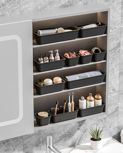 Canfanni 13 Pack Plastic Drawer Organizers Set, 3 Sizes Desk Drawer Organizer Trays for Vanity and Makeup Organizer, Organization and Storage for Makeup, Kitchen Utensils, Bathroom and Office(Black) - color: Black