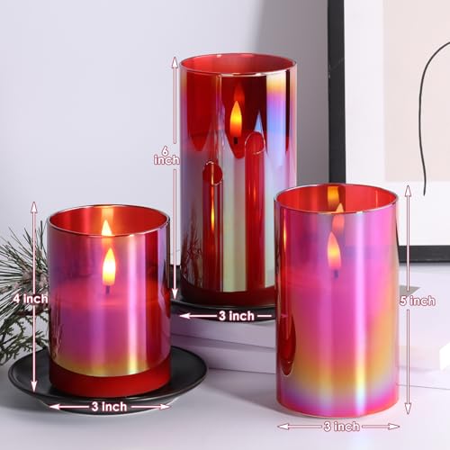 Eywamage Red Glass Flameless Pillar Candles with Remote, Flickering Christmas Battery LED Candles Holiday Decor Set of 3 - color: Red