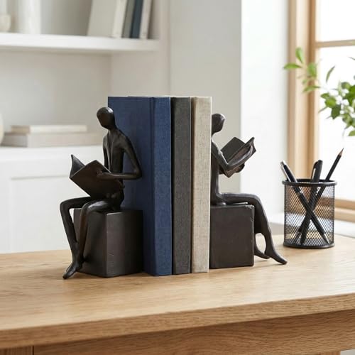 Black Reading Couple Cast Iron Bookshelf Decor Bookends Set of 2, Bookend for Office Desk, Living Room, Bedroom, Home Decorative Book Lovers Gifts