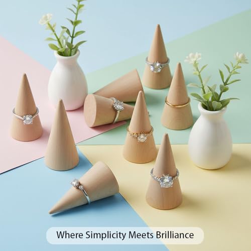 Natural Wood Ring Display Cones, 10 Pack Vertical Jewelry Holder Stands, DIY Craft Finger Ring Organizer