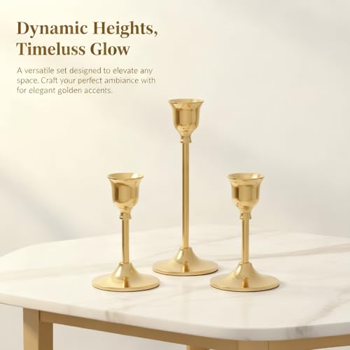 3 Pcs Bell-Shape Gold Candlestick Holders - 7" & 4.7" Tall Taper Candle Holders for Elegant Table Centerpiece and Home Decor