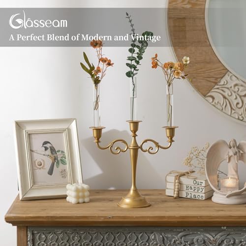 Glasseam Glass Bud Vase for Flowers: 3pcs Clear Small Vases for 22mm Candlestick Taper Candle Holders - 5.9" Skinny Table Centerpieces with Silicon Case for Tablescapes, Wedding Gift and Home Decor