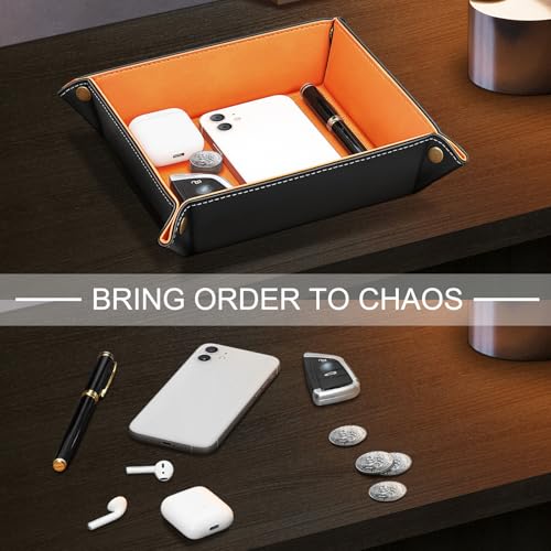 SITHON Valet Tray Desktop Storage Organizer – Premium PU Leather Catchall Bedside Vanity Tray Nightstand Caddy Holder for Remote Controller, Keys, Phone, Wallet, Coin, Jewelry (Orange) - color: Orange
