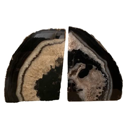JIC Gem Agate Bookend(s) Black Bookshelf Decor geode bookends 1 Pair 3to 4 Lbs from Brazilian with Rubber Bumpers for Office and Home Decoration - color: Black Dyed, size: 3-4LBS.