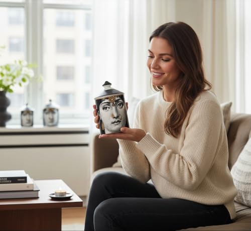 AlphaDesignLuxe Decorative Candle Holder Handcrafted Aromatherapy Candle Jar Italian Designer Décor Fashionable Tabletop Vase Modern Art Female Face Eyes Lips Centerpiece. (Floral Yellow)