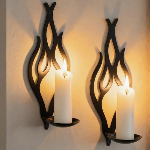 Wall Candle Sconces Set of 2, Modern Minimalist Metal Candle Holders for Pillar, Tealight, and LED Candles, Flame-Shaped Decorative Wall Decor for Living Room Dining Room (Black) - color: Black Flame-shaped