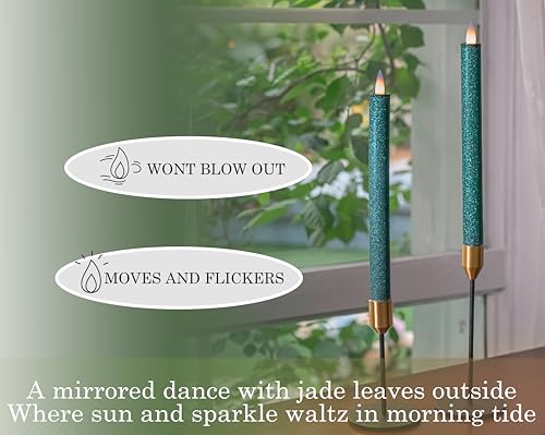 Flameless Taper Candles Flickering with Remote and Timer, 3D Moving Flame Taper Candle Battery Operated to 400 Hours, 9 Inch Window Candles, (Glitter Green) - color: Glitter Green