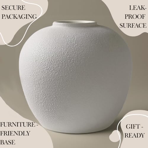 White Ceramic Vase 7.9 inch Round Minimalist Leak-Proof Vases for Flowers with Soft Pads, Modern Farmhouse Decor for Living Room