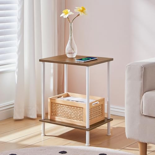 HOOBRO End Tables, Small Side Table, Nightstand with 2-Layer Storage Shelves, Sofa Table for Small Spaces, Living Room, Bedroom, Stable Frame, Easy Assembly, Walnut and White WH09BZ01 - color: Walnut + White