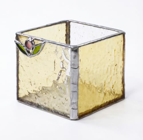 Handmade Windproof Stained Glass Cube Candle Holder - 5-Sided Floral & Leaf Design for Altar, Prayer, Windowsill - Sacred Gift for Christians, Mom, Christmas & Easter (Floret) - color: Floret