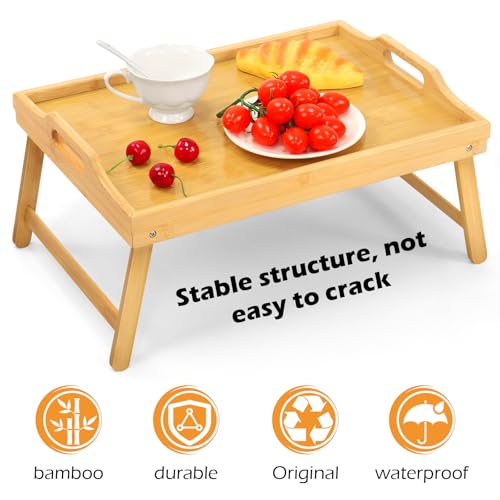 Bamboo Bed Tray Table, Folding Legs and Handles, Breakfast Tray, Laptop Desk for Bed or Sofa, Serving Tray for Eating, Working, Reading,Picnic - color: Bamboo, size: 18.1" x 11.2" x 7.7"