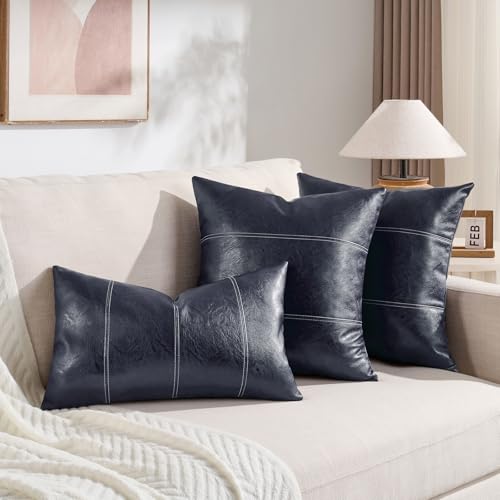 Fancy Homi 2 Packs Navy Blue Faux Leather Decorative Throw Pillow Covers 18x18 Inch for Living Room Couch Bed Sofa, Modern Farmhouse Boho Home Decor, Hand Stitched Accent Square Cushion Case 45x45 cm - color: Navy Blue, size: 18" x 18" (Pack of 2)