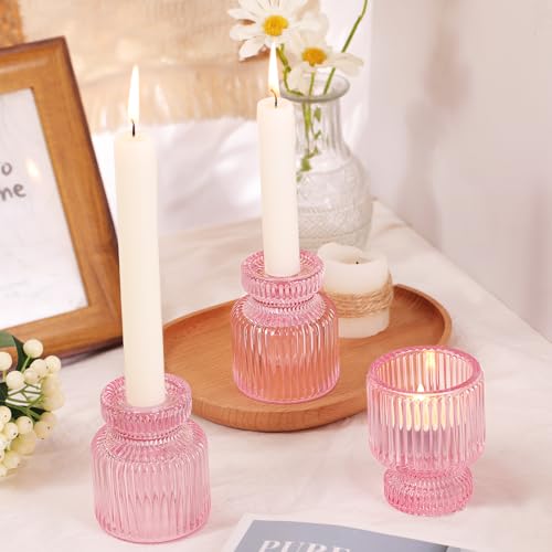 DARJEN 6 Pcs Pink Candlestick Holders - Glass Taper Candle Holders Tealight Votive Candle Holders for Table Centerpieces, Wedding, Dinner Party, Home, Gifts - color: Pink, size: 6Pcs