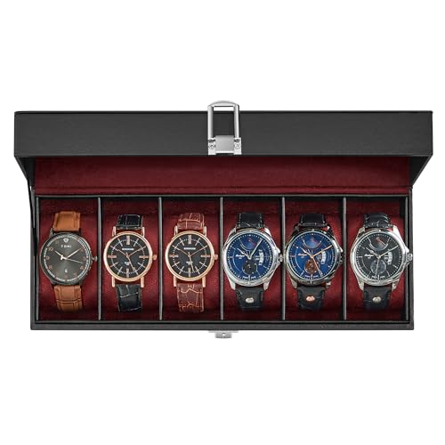 SONGMICS Watch Box, 6-Slot Watch Case Organizer with Large Glass Lid, Removable Pillows, Gift for Loved Ones, Black Synthetic Leather, Wine Red Lining UJWB006R01 - color: Black + Wine Red, size: 6 Slot