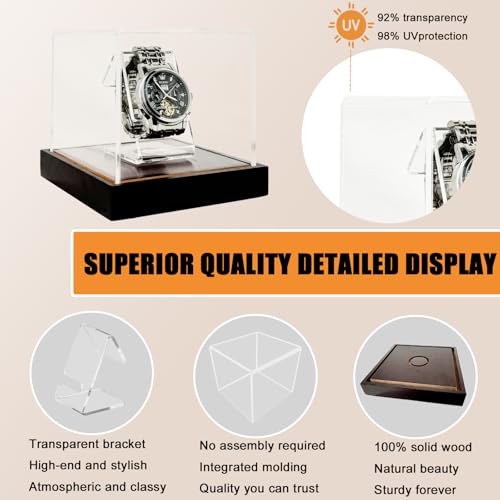 Single Watch Display Case, 3mm Clear Acrylic Watch Box with Solid Wood Base, Built-in Holder, No Assembly Required - Luxury Watch Holder for Men & Women (4.25" W x 4.25" D x 3.85" H) - size: Display Case (No LED) For 1 Watch