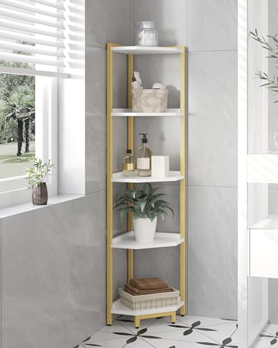 Hzuaneri Corner Shelf Stand, Corner Bookshelf, Storage Standing Shelf Unit with Metal Frame, Plant Stand, Bookcase for Living Room, Home Office, Bedroom, 5-Tier White Gold CS05903A - color: White Gold, size: 5 Tier