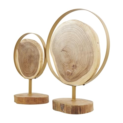 Deco 79 Wood Abstract Handmade Decorative Sculpture Live Edge Slab Home Decor Statues with Gold Metal Rings, Set of 2 Accent Figurines 14", 11"H, Brown - size: 14", 11"H