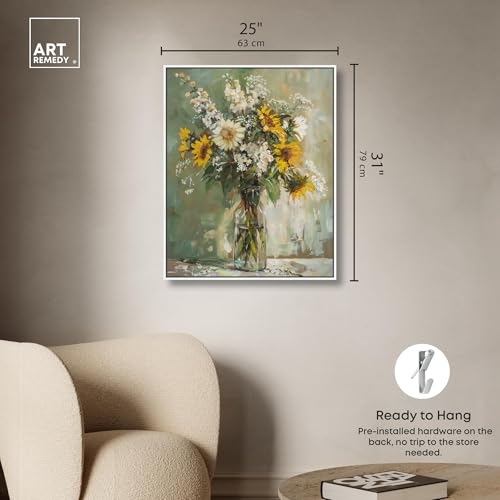 Art Remedy Sunflowers In A Glass Vase Canvas Vintage Farmhouse Wall Art, White Frame, 24" x 30" - color: White Frame, size: 31"L x 25"W