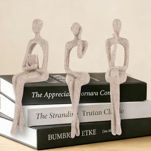 3Pcs Sandstone Resin Thinker Statue Accents Reading Women Sculptures, Abstract Art Ornament,Modern Neutral Home Decoration for Living Room Office Shelf Table Desk Bookshelf Décor