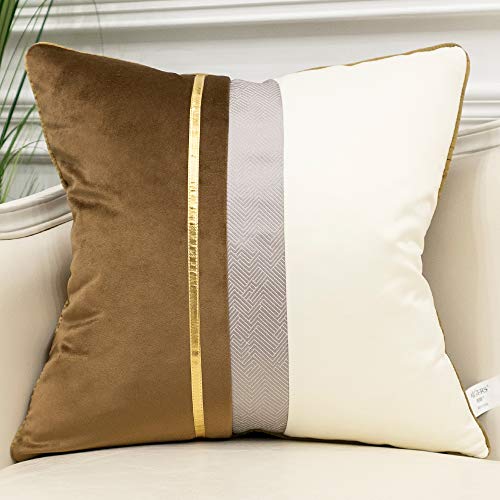 Avigers 22 x 22 Inches Coffee Brown White Gold Leather Striped Patchwork Velvet Cushion Case Luxury Modern Throw Pillow Cover Decorative Pillow for Couch Living Room Bedroom Car - color: Coffee Brown, size: 22" x 22" (Pack of 1)