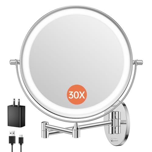 FUNTOUCH 5000mAh Rechargeable Wall Mounted Makeup Mirror with Lights, 9" Double Sided 1X/30X Magnifying Mirror with Dimmable 3 Color Light, Extended Swing Arm 360° Wall Mount Bathroom Mirror,Chrome - color: Chrome-30x