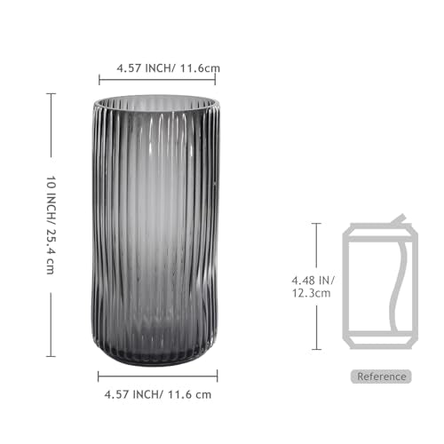 Modern Glass Vase 10 Inch Tall Grey Vases for Flowers-Thick Glass Cylinder Ribbed Vases for Bouquet, Table, Kitchen Shelf, Countertop, Decorative Flower Vase for Home Decor Living Room - color: Gray, size: Medium - 10''H
