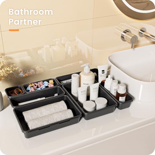 A-LuGei 【𝟮𝟴𝗣𝗖𝗦】 【𝟱𝗦𝗶𝘇𝗲】 Black Drawer Organizer, Makeup organizer, 【Holds 177 Items】 Bathroom Organizers and Storage, Plastic Desk Organizer Divider, Organizer Bins for Office Vanity - color: Black