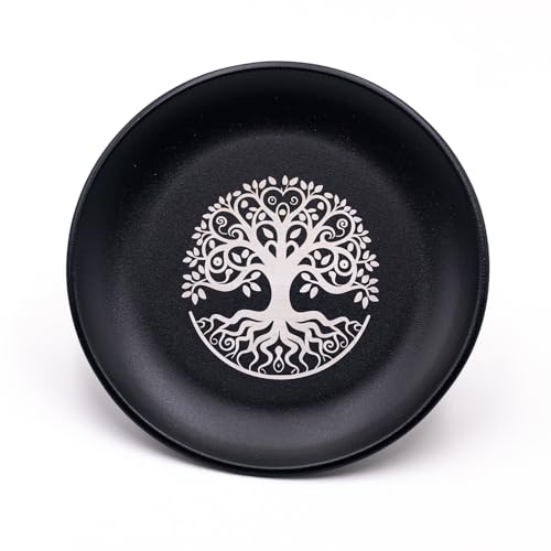 5.5inch Altar Ritual Plate Dish Stainless Steel Flat Bowl Round Metal Jewelry Tray Astrology Tarot Plate Ring Trinket Holder for Smudging Decoration Trays (Tree of Life Black) - color: Tree of Life Black