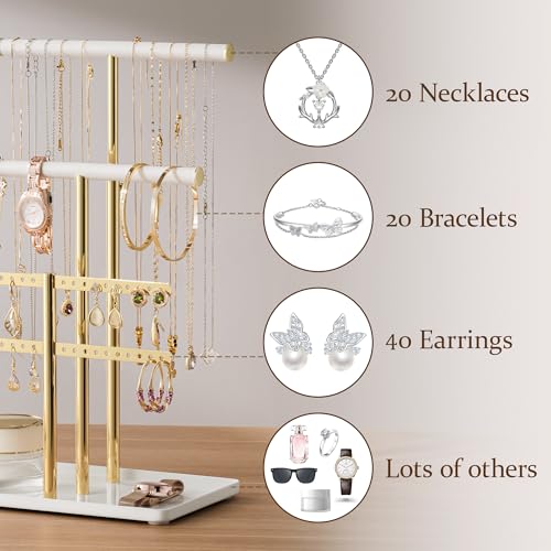 pickpiff Jewelry Holder Organizer with Velvet, Adjustable 10"-17" Tall, Metal Stand for Display Bracelet, Necklace, Earrings, Rings, White and Gold - color: Gold and White