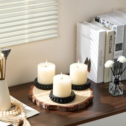 Wooden Candle Holders for Pillar Candles, Set of 3 Wood Beaded Plate with Metal Cup Inserts, 4 Inch Rustic Farmhouse Tray Stand for Fireplace Mantel, Table Centerpiece Decor - Black - color: Black