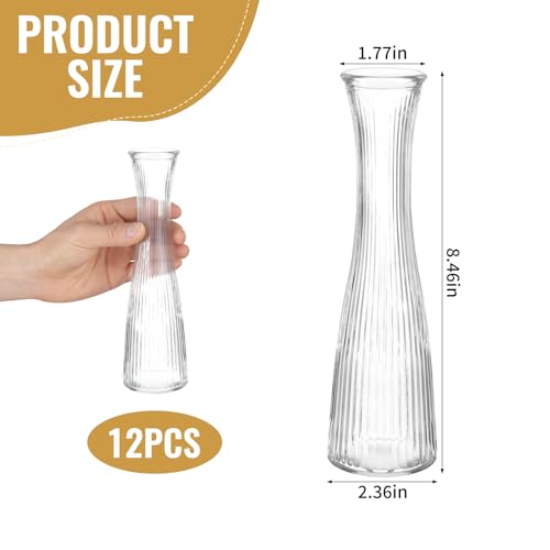 12 PCS Glass Bud Vases in Bulk, 8.5” Tall Clear Ribbed Flower Vases for Centerpieces, Textured Minimalist Small Vases for Flower, Home Office Wedding Table Decorations