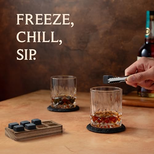 Mixology & Craft Whiskey Gift Set - Includes 2 Lead-Free Crystal Glasses, 8 Granite Chilling Stones, 2 Slate Coasters, Metal Tongs & Recipe Cards with a Wooden Army Crate Box - size: Army Crate