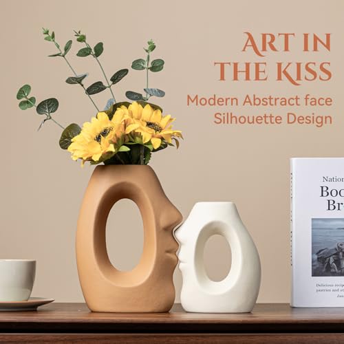 Beige & Brown Ceramic Vases for Home Decor, Modern Abstract Face Vase Set of 2, Unique Boho Flower Vases for Living Room, Office, Entryway, Wedding for Couple, Home Gifts for Friends - color: Art in the Kiss