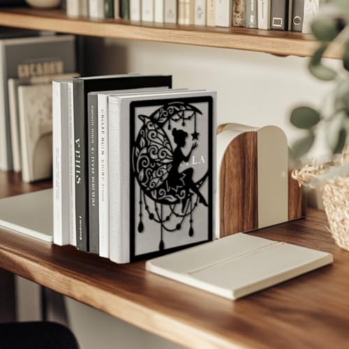 Peacoblue Metal Bookends for Shelves, Modern Decorative Heavy Duty Study Book Ends Stoppers for Office, Desk, Shelf, Room 5.3"x4.3"x7.9" Cast Iron Simple Tall Bookends 1 Pair (Moon and Fairy) - style: Moon and Fairy