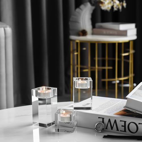 Kitcom Crystal Tealight Candle Holders Set of 3, 1.97/3.15/3.94 Inches Height, Heavy Solid Hand Cut Tealight Candlesticks Set, Table Centerpieces for Home Decor, Clear