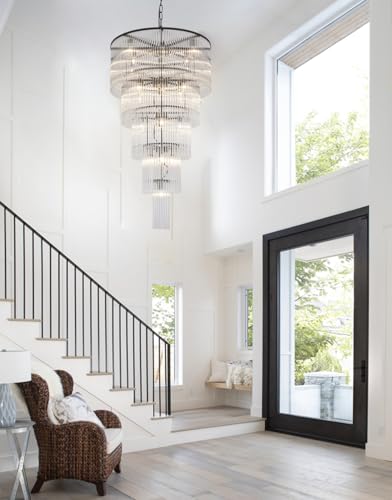 Large Black Chandeliers for High Ceilings H49 5-Tier Glass Chandelier Light Fixture for Foyer Dining Room Extra Long Modern Tiered Chandelier for Living Room Entranc Stairway Villa - size: Long Black (27.5" x 49")