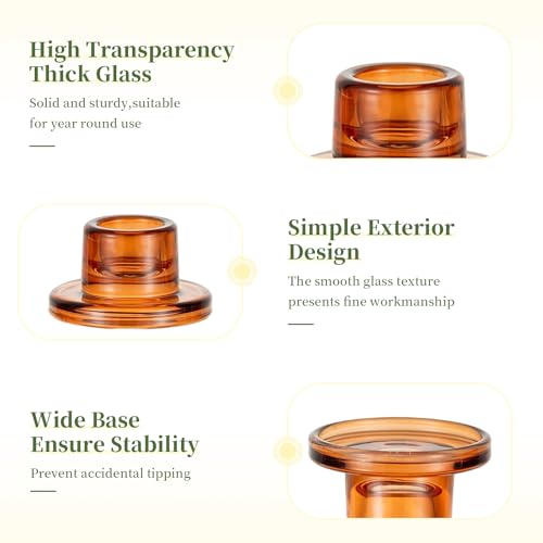 Glasseam Glass Taper Candle Holders: 10Pcs Small Tapered Candlestick Holders Bulk Short Amber Short Candle Sticks Holder Decor for Table Centerpiece Vintage Thanksgiving Christmas Fall Dinner Party - color: Amber