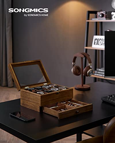 SONGMICS 8-Slot Watch Box, 2-Tier Watch Display Case with Large Glass Lid, Removable Watch Pillows, Velvet Lining, Jewelry Box, Gift Idea, Rustic Walnut UJOW008K01 - color: Rustic Walnut, size: 2 Layer 8 Slot