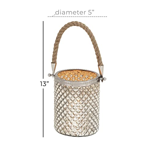 Deco 79 Glass Handmade Indoor Outdoor Candle Lantern Decorative Lantern Candle Holder with Rope Handle, Lantern 5" x 5" x 13", Silver (Pack of 2) - size: 5" by 13" (Pack of 2)