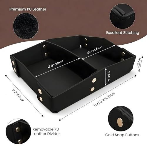 Valet Tray Organizer for Men & Women - PU Leather Catch All Tray with Removable Divider - EDC Storage for Keys, Watch, Phone - Nightstand, Dresser & Desk Organizer - Obsidian Black - color: Obsidian Black