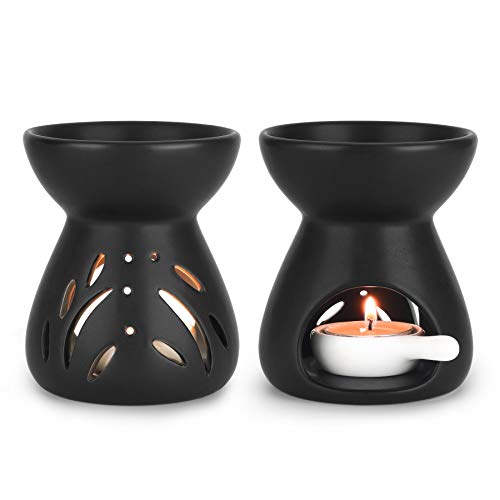 ComSaf Essential Oil Burner Wax Melt Burners Set of 2, Aromatherapy Aroma Burner Ceramic Oil Diffuser Candle Tealight Holder Home Bedroom Decor Christmas Housewarming Gift, Black - color: Black